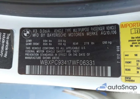 2007 BMW X3 3.0Si from USA, damaged, VIN WBXPC93417WF06331